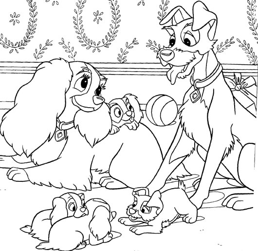 coloriage la belle et le clochard avec leurs chiots